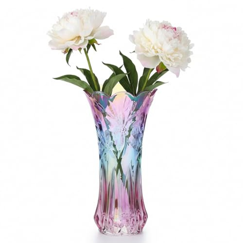 NOLITOY Crystal Glass Vase for Flowers, 9.25Inch Glass Flowers Vase, Decorative Colourful Centrepiece for Living Room, Wedding Table & Home Decor, Thickened Modern Art Plant Container