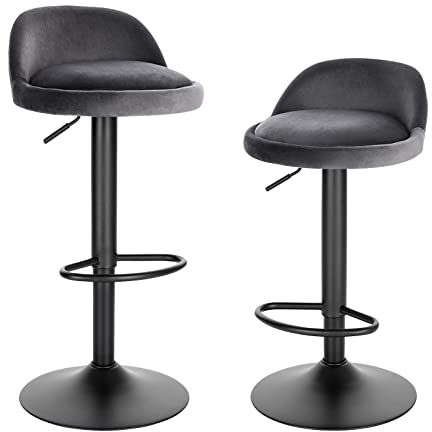 EUGAD Barhocker 2er Set 360° Drehstuhl Barstuhl mit Rückenlehne Fußstütze 150kg belastbar höhenverstellbar (62-84cm) Samt Metall Dunkelgrau 0823BY-2