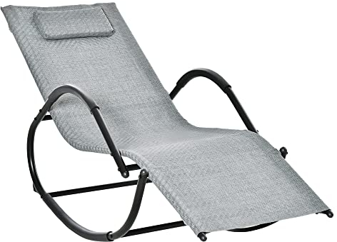 Outsunny Schaukelstuhl Schaukelliege mit Kopfkissen Gartenliege Schwungliege bis 160 kg belastbar Texteline Grau 61 x 160 x 79 cm