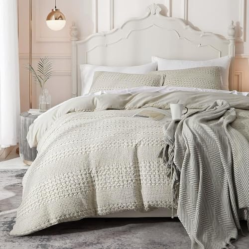 Ivellow Waffle Duvet Cover 100% Cotton Queen Duvet Cover Textured Khaki Duvet Cover Cozy Soft Breathable Skin-Friendly Luxury Bedding Set All Season