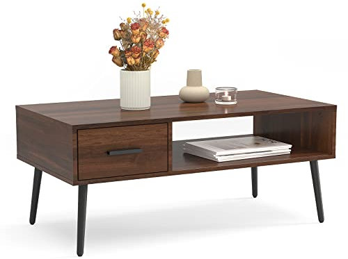 HAIOOU Coffee Table, Mid Century Modern Center Table for Living Room with Storage, Walnut Tea Table with Drawer, Open Storage Shelf, Floor-Anti-Scratching Pine Leg for Home, Office(Dark Brown)