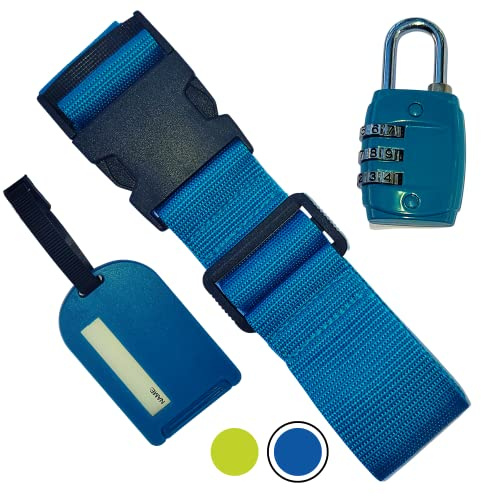 Porte étiquette bagages, Sangle valise, cadenas à chiffre. Set BLEU - accessoires vacance cabine avion, ceinture à boucle, cadenas mollette. Voyager en toute sécurité. Voyage en famille, professionnel