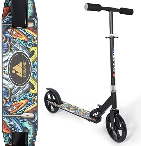 EVOLAND Patinete para Niños Ruedas de 20 cm, Patinete Plegable Ajustable en Altura para Niñas y Niños, Placa Protectora esmerilada, Carga Máxima 100 kg (Negro)