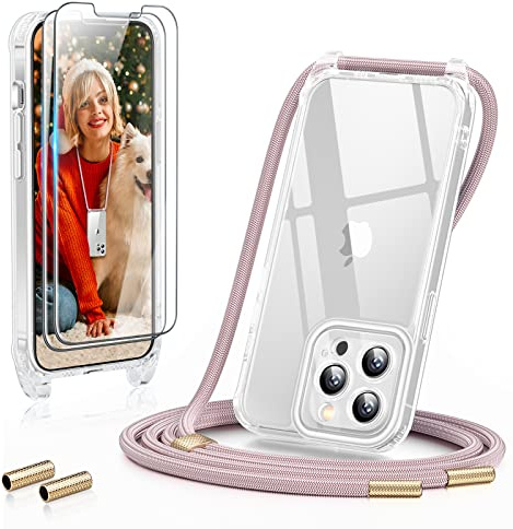 GOODVISH 3 in 1 Handykette für iPhone 13 Pro Max 6,7, mit 2 Stück Schutzfolie | 360°-Schutz |Kameraschutz |Necklace Hülle mit Band Handyhülle für zum Umhängen| Transparent Case mit Schnur -Rosé Gold