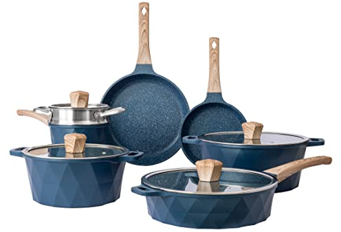 Country Kitchen Induktions-Kochgeschirr-Sets – 13-teiliges Antihaftguss-Aluminium-Töpfe und Pfannen mit Bakelit-Griffen, Glasdeckel (Marineblau)