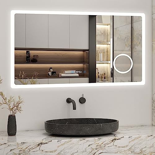 Biubiubath 160x80cm LED Badspiegel mit Uhr,Touch und 3X Vergrößernder Kosmetikspiegel,Badspiegel mit Beleuchtung,Beschlagfrei,Badezimmerspiegel mit 3 Lichtfarbe 3000-6000K Dimmbar,IP44