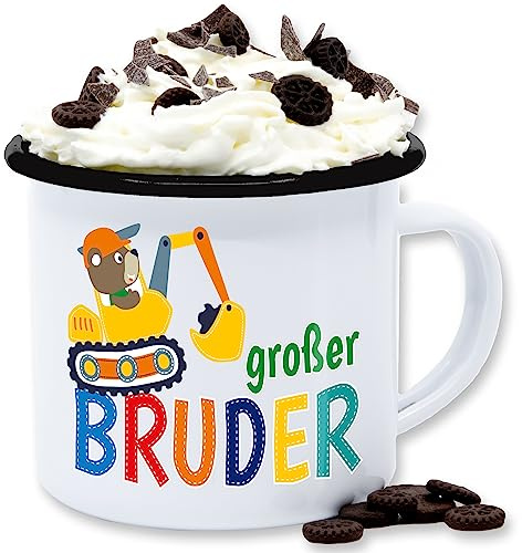 Emaille Tasse Blechtasse - Tassen - Großer Bruder Bagger I Großer Bruder Geschenk Grosser Bruder - 300 ml - Weiß Schwarz - big brother bro kaffeetasse große brüder brüderchen becher