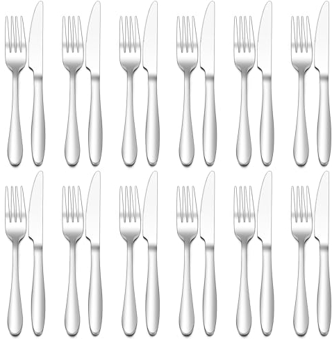 Joyfair Gabel und Messer Set, 24 Stück Edelstahl Steakbesteck für 12 Personen, Hochglanzpoliert Besteck Set für Haus/Restaurant, 12 Tafelmesser (23cm) + 12 Tafelgabeln (20cm) - Spülmaschinenfest