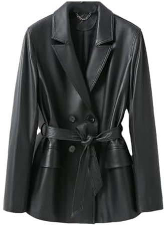 100% Lammfell Leder Blazer Jacke Für Frauen Zweireiher Knopf Gürtel Schaffell Jacke Mäntel, Schwarz , 40