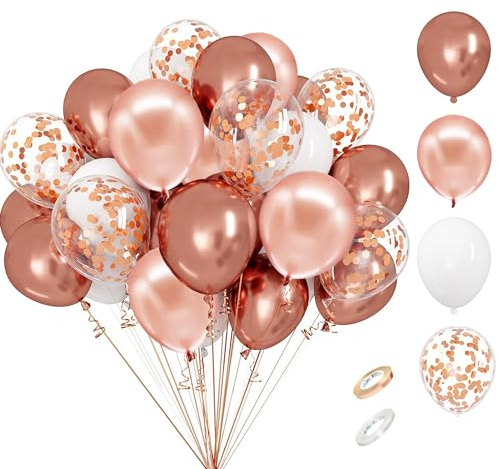 60 Stück Roségold Luftballon Set, CompraFun 12 Zoll Metallic Rosegold, Weiße Latex Luftballons mit Rose Gold Pailletten Ballons, 2 Bands, Geburtstag, Valentinstag, Hochzeits, Muttertag Party Deko