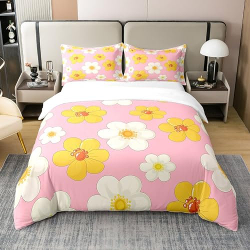 Rosa Kirsche 100% Bio-Baumwolle Bettbezug für Kinder Mädchen Erwachsene,Japan Stil Cartoon Blume Bettwäsche Set 200x200,Groovy Stil Floral Tröster Abdeckung,Garten Bett Sets mit 2 Kissenbezüge