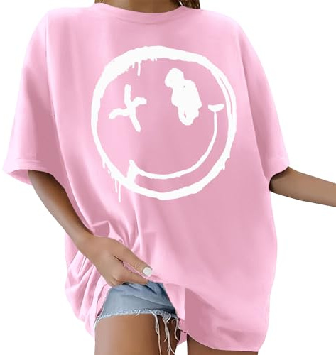 Yuson Flicka kvinnor överdimensionerad t-shirt toppar för kvinnor vintage hängande axel kortärmad topp damer blus t-shirt rund hals baggy t-shirt ledig lös sommar toppar, Rosa, XXL