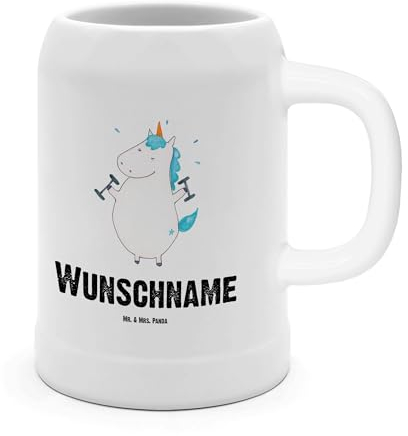 Mr. & Mrs. Panda Bierkrug Personalisiert Einhorn Fitness - Personalisierte Geschenke, Sixpack, Steinkrug mit Namen, Sport, Unicorn, Gym, Personalisierter, Fitnessstudio, Krug