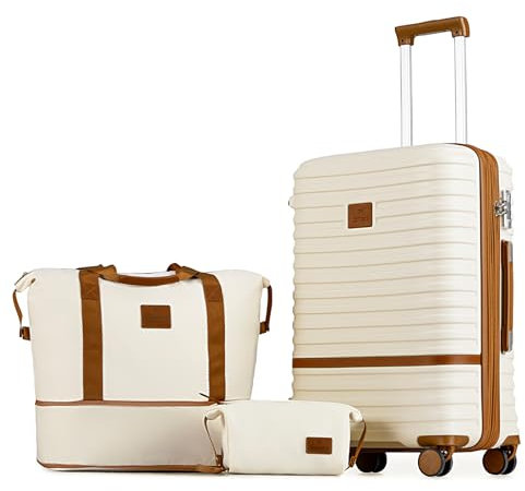 Joyway Kofferset Rollkoffer Koffer von ABS Hartschalen Erweiterbar Trolley Kofferset mit TSA Schloss und 4 Zwillingsrollen Der Handgepäck Sets Enthält 1 Reisetasche und 1 Kulturbeutel Weiß 66cm