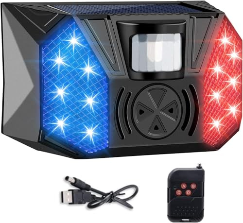 AMZSTAR Luce di allarme stroboscopica solare, 129 db, impermeabile, 4 modalità, rilevatore di movimento solare, luce stroboscopica, sirena di sicurezza con telecomando per fattorie, cortili, frutteti