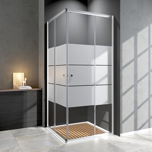Duschkabine Schiebetür 100x100cm Eckeinstieg Duschabtrennung, Gestreift Glas Eckdusche mit Doppel Schiebetüren aus 6mm ESG Sicherheitsglas, Dusche Duschwand Duschschiebetür Höhe: 185cm