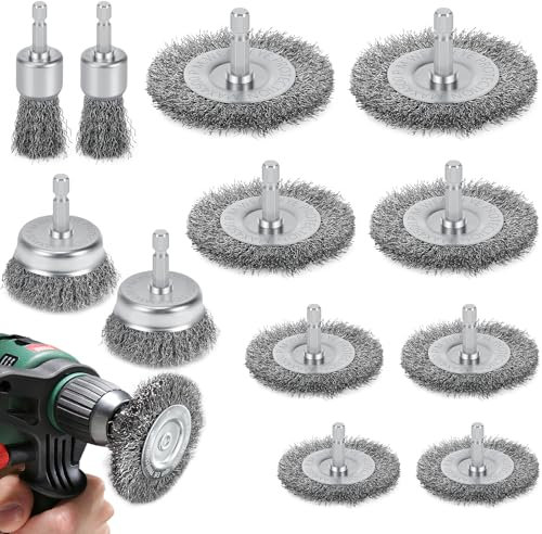 12 Stück Drahtbürste Bohrmaschine, 6mm Drahtbürste Akkuschrauber mit Sechskantstange, Drahtbürsten Set 6 Größen, Stahlbürste Akkuschrauber für Bohrmaschine zum Entfernen von Rost, Polieren