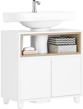 SoBuy Mobile Sottolavabo per Bagno Mobiletto Salvaspazio Armadietto con Anta e 2 Ripiani, Design Bianco-Legno, Ideale per Lavandino, Arredo Bagno Componibile 60x30x61 cm BZR148-W