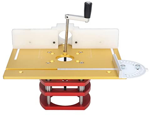JDQTPOET Router Lift with Top Plate, Aluminum Precision Router Lift System with Miter Gauge, Woodworking Router Table Insert Plate and Router Lift Kit for Slotting, Trimming, Chamfering (Gold)