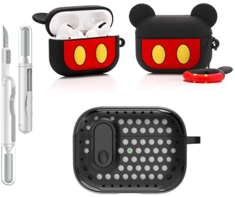 LEWOTE 3 in 1 Compatibile con Apple Airpods Pro (2a/1a Generazione) Custodia Protettiva Divertente e Carina con Kit Pulizia & Portachiavi (Mickey)