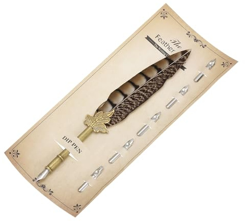 PATIKIL Federstift, 9/23cm Vintage Kalligraphie Stifte mit 5 Stück Schreibfeder, Perlhuhnfedern Schönschreibfüller Feder zum Schreiben Büro Hochzeits Unterschriften, Schwarz/Braun