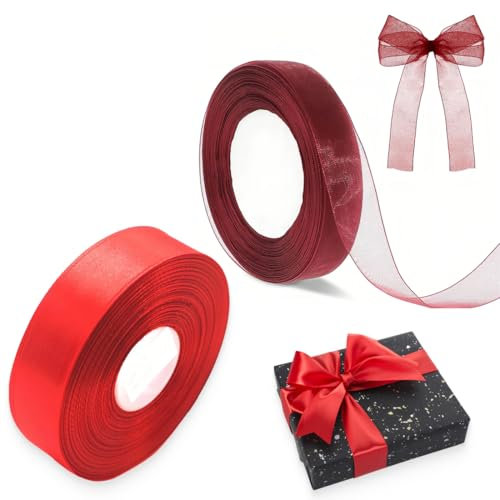 NJCXOLA 2 Rollen Geschenkband Rot Schleifenband Rot Satinband Bordeaux Weinrot 20mm 22 meters Schleifenband Weihnachten Rotes Band Geschenkband Weihnachten Rotes Rotband Geschenk Band Stoff Dirndl