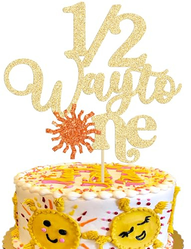 Gyufise 1Pc Sun Half Way to One Cake Topper Glitter Happy 6 Months Birthday Cake Pick 1/2 Half Birthday Cake Decoration for Baby Half Year Old Birthday Party Decorations Supplies Gold