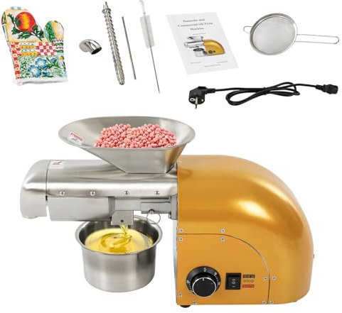 Fridgestea Elektrische Ölpresse, Ölpresse für Kaltöl & Heiß, Ölpressmaschine mit 2 Pressstäben für Nüsse, Erdnüsse, Sesam, 5-8 kg/Stunde, 50-300℃, 1800W (Gold)