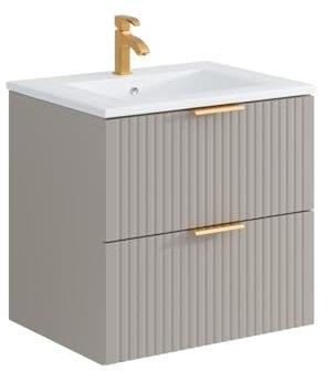 Vente-unique-Mueble de baÒo Flotante Estriado con Lavabo encastrado - Beige - 60 cm - ZEVARA