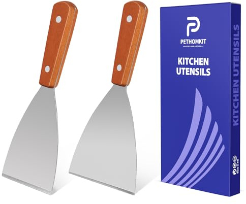 Juego de 2 espátulas de metal planas pequeñas, de acero inoxidable, para masa, alimentos, para parrilla, parrilla, para tapas planas, panqueques, pizzas, hamburguesas, cocina, corte, limpieza, borde