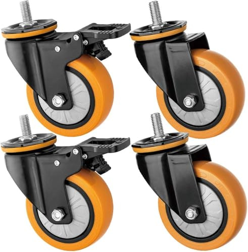 75mm 3inch Gewinde M12 Heavy Duty Räder Drehgelenk Mit Bremse Für Möbel Und Babybett Silent Pu 420kg Industrie Für Trolley Werkbank Bürostuhl Krankenhausfabrik, Orange1, M12 2brake+2swivel