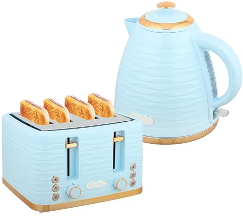 HOMCOM Kettle and Toaster Sets, 3000W 1.7L Rapid Boil Kettle & 4 Slice Toaster with 7 Browning Controls, Defrost, Reheat and Crumb Tray, UK Otter Thermostat, Light Blue