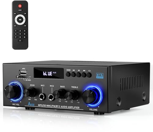 Romicta Stereo Audio HiFi Amplifier, 800W Bluetooth Amplifier 5.0, 2 Channels 12V/230V, LCD Display, SD/USB, FM Radio, Compatible with Active subwoofer and passive speakers