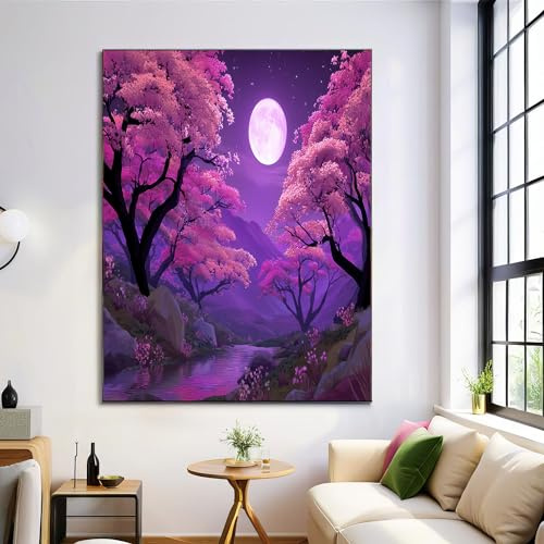 GDJSMIN Leinwandbilder,Leinwanddruck Bilder 80×120 cm,Cartoon-Landschaft Wandbilder Kunstdruck Wand Dekoration für Wohnzimmer Schlafzimmer Home Esszimmer Büro (Lila Himmel Kirschblütenbäume)