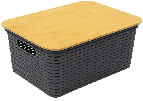 HRB Aufbewahrungsbox mit Bambusdeckel, Box in Rattanoptik mit den Abmaßen 38,5 x 28 x 18,5 cm, KIste mit 15 Liter Volumen (Anthrazit, 1, stück)