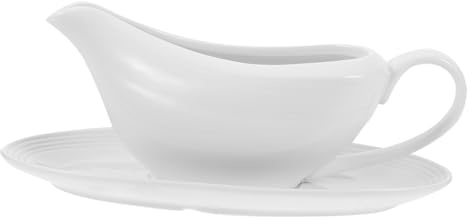 DECOMELODY Ceramica Linea Bianca Gravy Boat con Manico e Piattino per Salse Latte e Condimenti Facilmente Pulibile per Cucina e Ristorazione