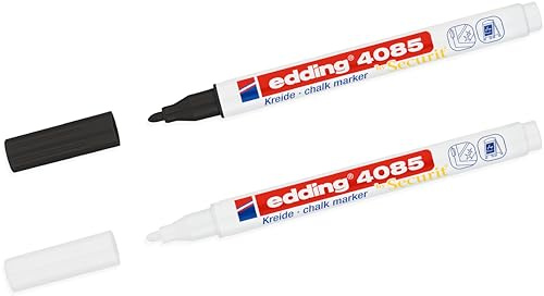 edding 4085 Kreidemarker - Rundspitze 1-2 mm - dünner Kreidestift für Tafel abwischbar - zum Beschriften von Fenster, Glas, Spiegel - Tafelstift mit deckenden Farben (1x Weiß & 1x Schwarz)