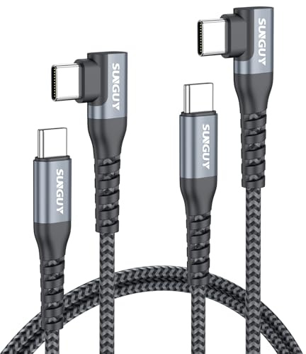 SUNGUY Right Angle USB C to USB C Cable 0.6M 2Pack 60W Fast Charging | Braided 90 Degree USBC Type C Data Cord for Android Auto, CarPlay, iPhone 17/16/15, MacBook, Samsung