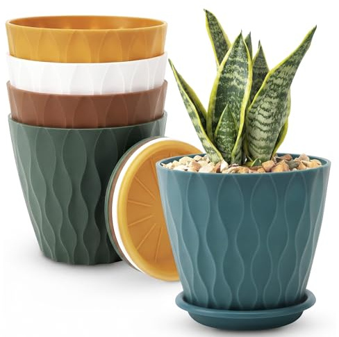 Bamworld 15cm Växtkrukor Inomhus 5-pack Plastblomsterkrukor med underfat och dräneringshål Dekorativa inomhuskrukor för suckulenter Små utomhus växtkrukor Modern flerfärgad uppsättning