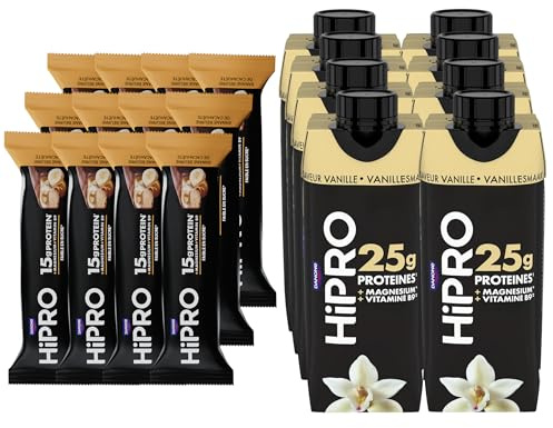HiPRO Lot Récupération Musculaire, 8 Boissons Protéinées Saveur Vanille 330 ml + 12 Barres Protéinées Saveur Banane Cacahuète 45 g, Riche en Protéines, Magnésium & Vitamine B9, Snack Protéiné Nomade