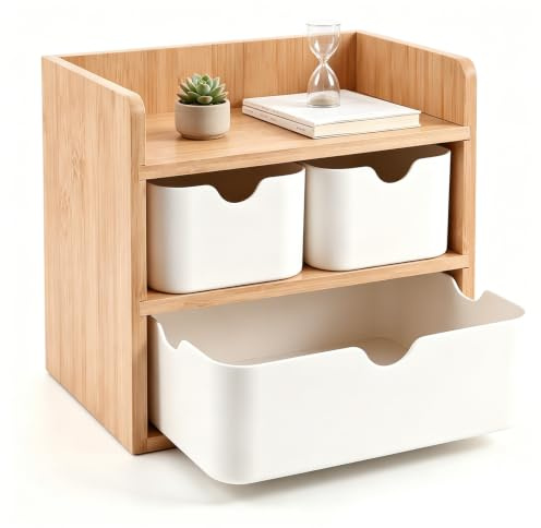 LOMUG Aufbewahrungsbox mit Schubladen, Holz und Bambus, Schreibtisch Organizer, Make-Up Organizer Holz mit 3 Schubladen für Büro Zuhause Schule, Weiß