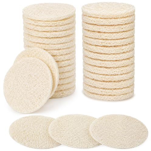 HJZHII 30Pcs Natural Loofah Face Scrub Pads, Loofah Exfoliating Face Pads Round Exfoliating Faces Pad Loofahs Sponge Pad Natural Facial Body Scrubbers for Bath Shower Skin Cleaning Women Men 2.36''