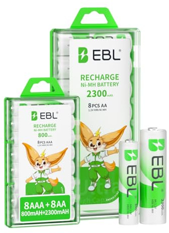 EBL 16 Sets AA AAA Batteries Combo with 8PCS AA 2300mAh & 8-Pack AAA 800mAh Rechargeable Batteries