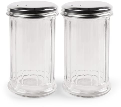 Update International Retro Style Sugar Dispenser/Pourer/Shaker, Glass Jar, Stainless Steel Pour-Flap Lid, 12 oz, Set of 2