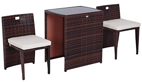 Outsunny Set 2 Pezzi Mobili da Giardino in Rattan Salvaspazio con 1 Tavolo 66x50x73 cm e 2 Sedie 44x51x69.5 cm con Cuscini, Marrone e Beige