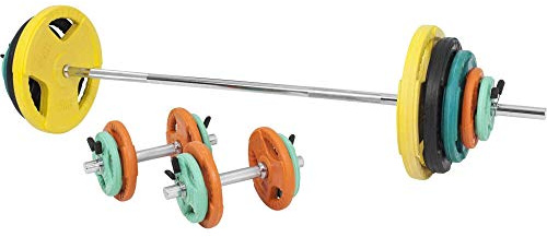 GORILLA SPORTS® Hantelset 100kg mit Langhantel 170cm und 2 Kurzhanteln 35cm | 18 gummierte Gusseisen-Hantelscheiben, 30-mm-Aufnahme und 6 Feder- oder Sternverschlüsse, bodenschonend und mit Eingriffen