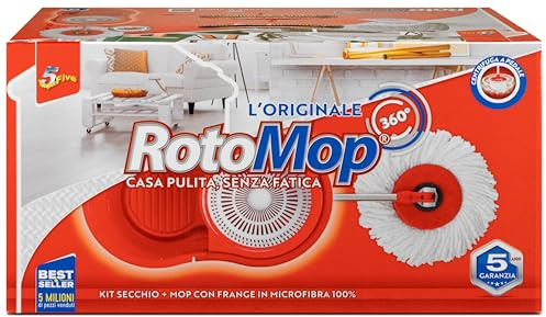 SUPERFIVE, Rotomop Kit, Lavapavimenti con Centrifuga a Pedale, Mocio con Frange in Microfibra, Testa Rotante 360°, Ghiera Antischizzi, Manico Telescopico Acciaio Inox