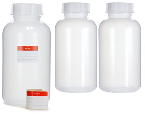 Octopus 3x 2000 ml bouteilles à large col en LDPE avec bouchon à vis, bouteilles vides de 2 litres pour produits chimiques, bouteilles de laboratoire avec couvercle comme récipient de stockage | Bouteille en polyéthylène basse densité facile à comprimer pour laboratoire, atelier et loisirs, facile à remplir et à