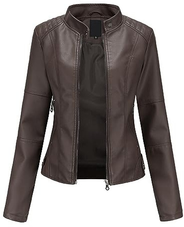 YYNUDA Kvinnors PU-läderjacka bombers flygare motorcykel damjacka konstläder biker dragkedja varm ledig, kaffe, XL