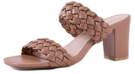 Braided Heeled Sandals for Women 3 Inch Chunky Block Heel Square-Toe Dress Shoes, Nude Size 7 Summer Soft Synthetic Leather Sandals for Work, Wedding Night Out